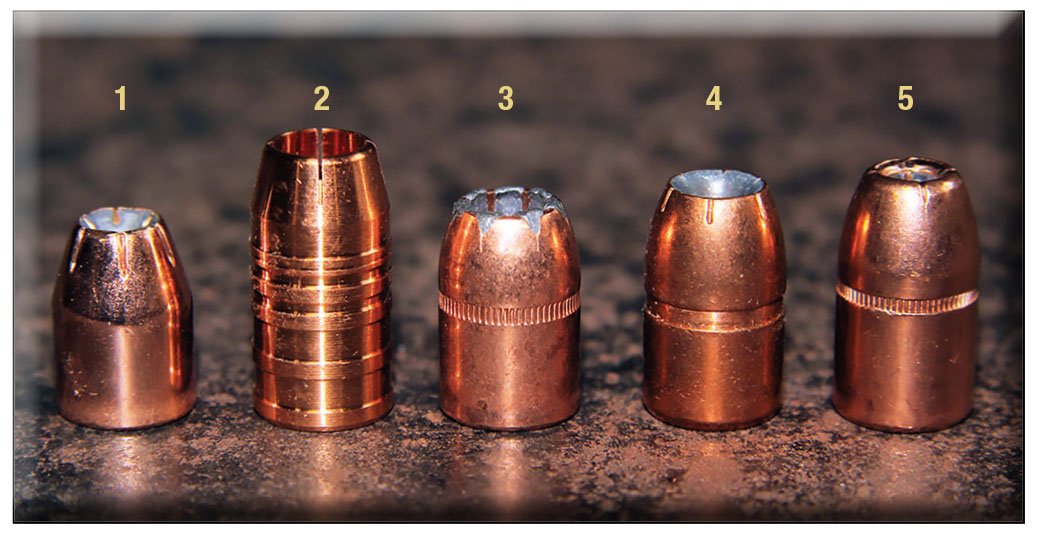 Bullets chosen for testing the 460 S&W Magnum included: (1) Nosler 230-grain ASP, (2) Cutting Edge Bullets 240-Grain Handgun Raptor, (3) Speer 250-grain Deep Curl, (4) Swift 265-grain A-Frame and (5) Hornady 300-grain XTP MAG.